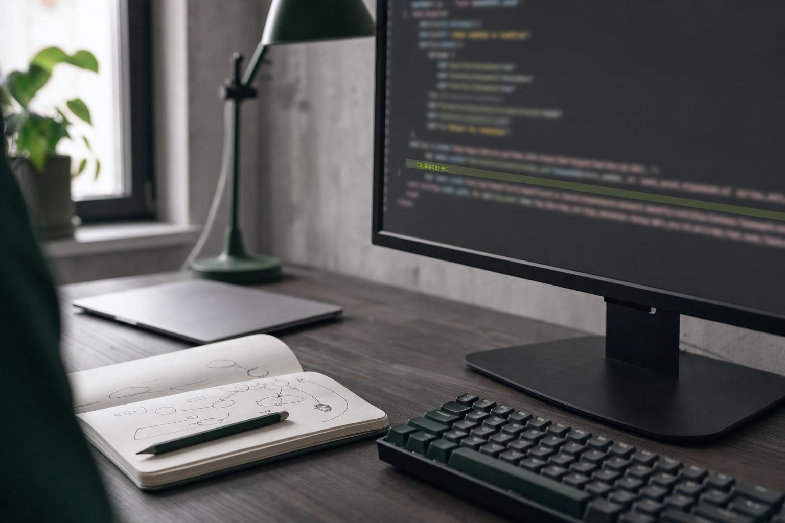 Écran affichant le code HTML d'un lien, à côté d'un carnet couvert de flèches dessinées à la main
