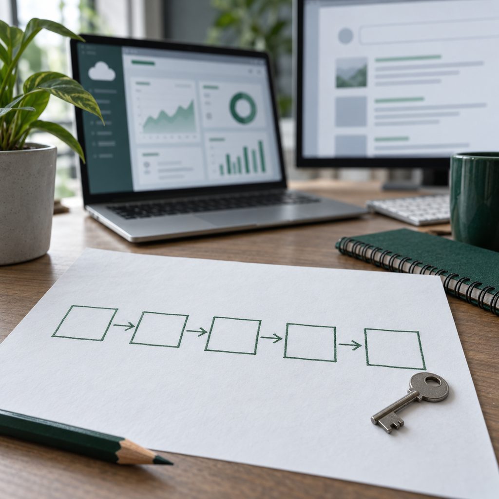 Schéma en cinq étapes dessiné à la main à côté d'un ordinateur affichant une console cloud