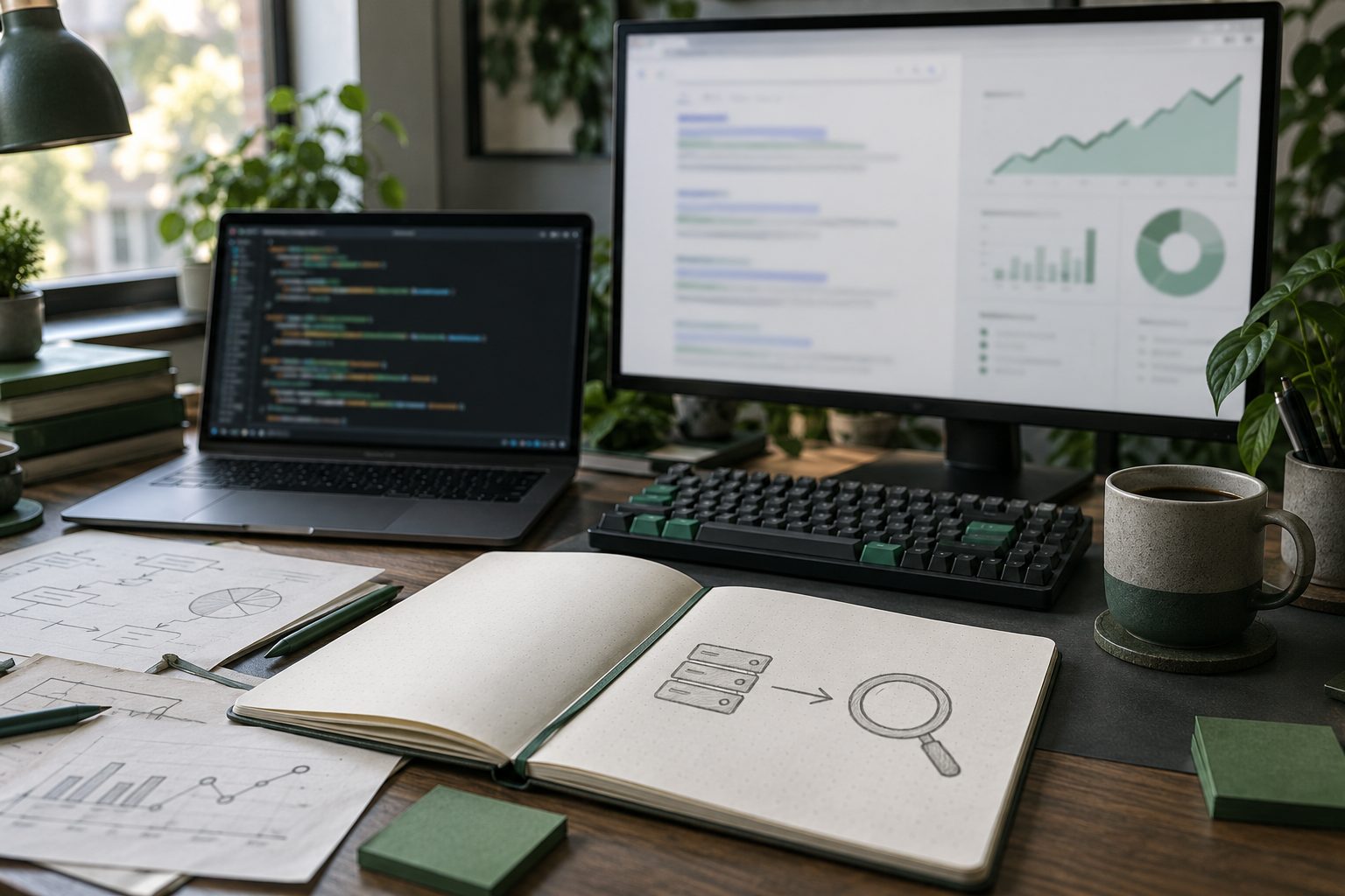 Bureau de développeur avec un terminal ouvert, une page de résultats de recherche et un schéma d'envoi d'URL dessiné à la main
