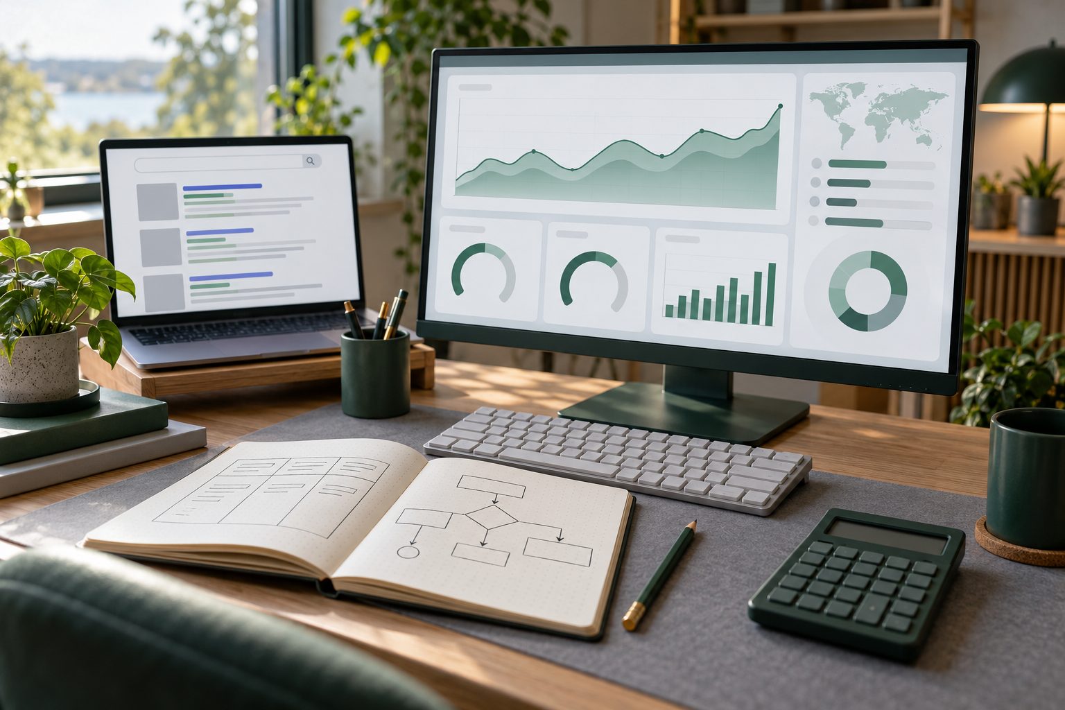 Bureau de consultant SEO avec un écran affichant des courbes de trafic et un carnet où une grille de prix est dessinée à la main