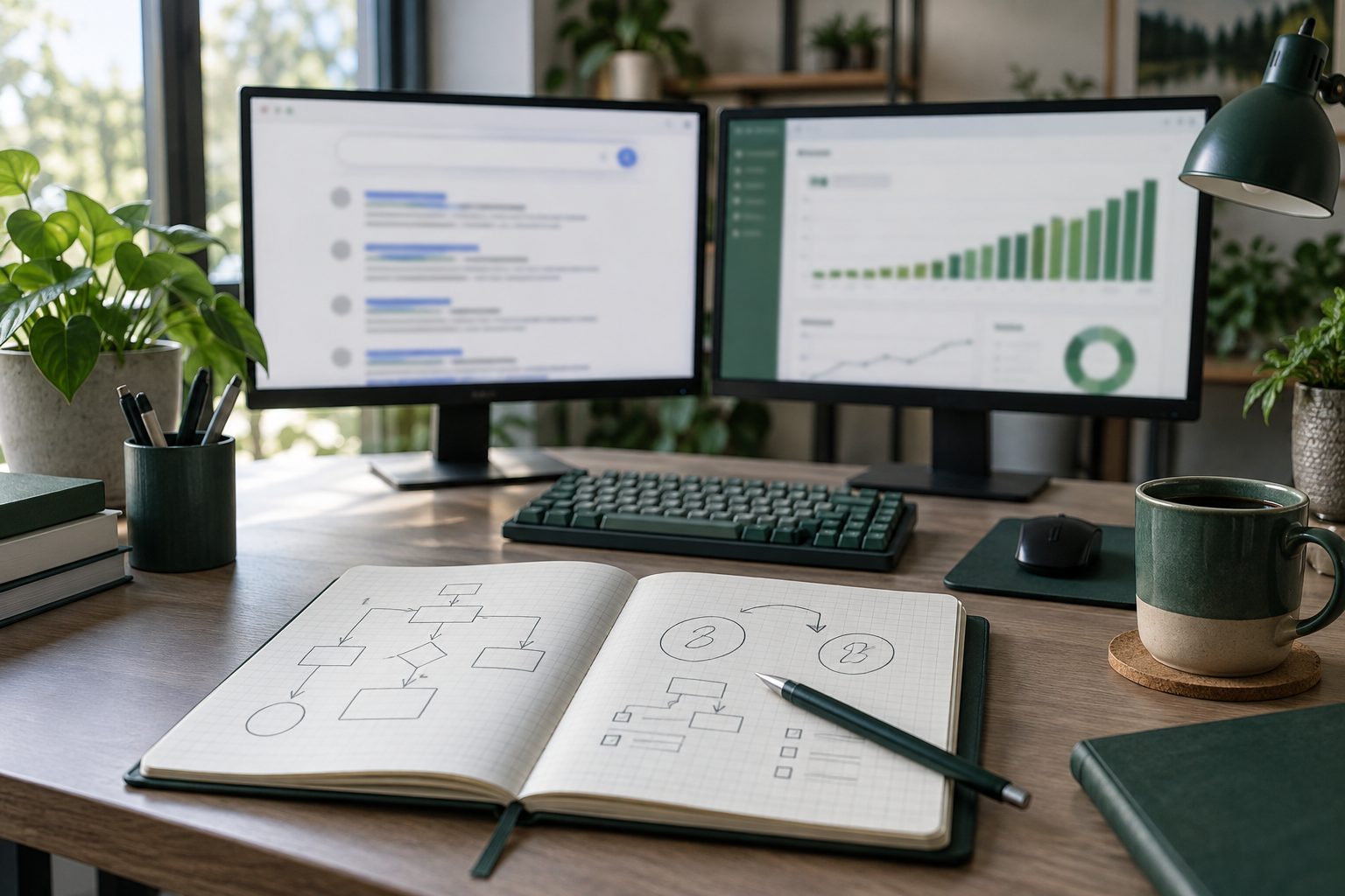 Deux écrans côte à côte sur un bureau, l'un avec une page de résultats de recherche, l'autre avec un graphique d'indexation