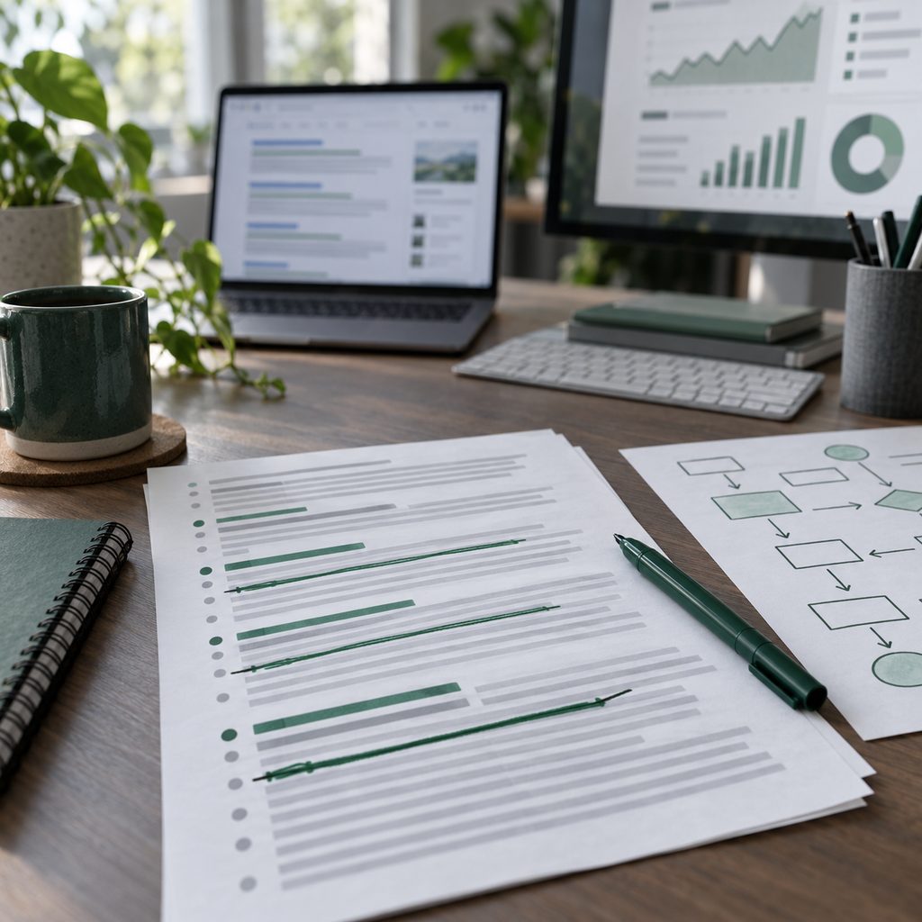 Liste de liens imprimée sur un bureau, plusieurs lignes surlignées et barrées au feutre vert