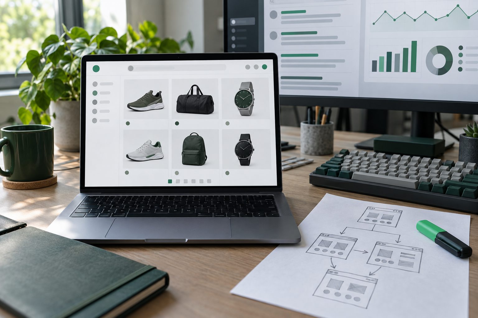 Ordinateur portable affichant une grille de produits de boutique en ligne avec ses boutons de pagination en bas de page
