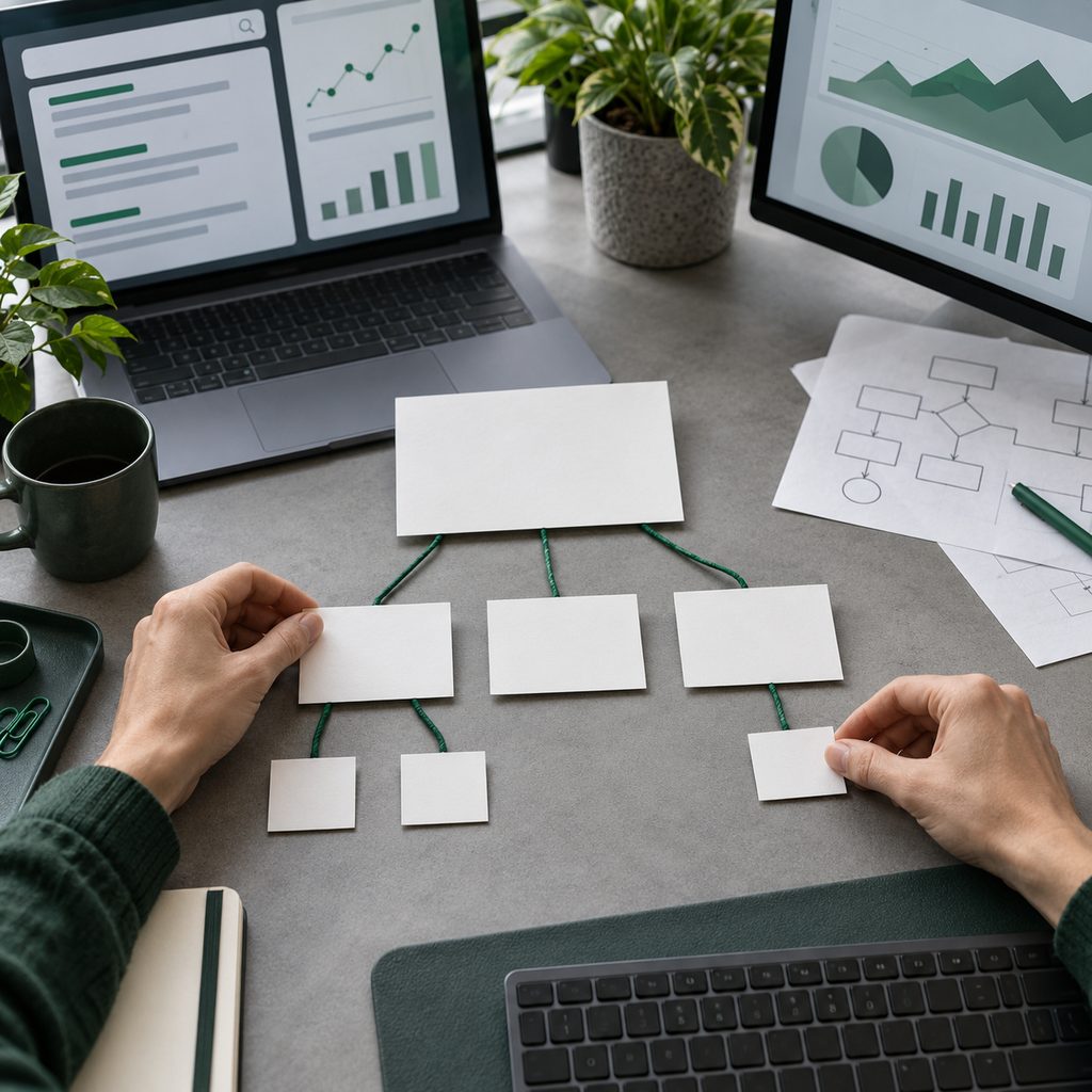 Cartes de papier de trois tailles disposées en arborescence, comme la hiérarchie H1, H2, H3 d'un article