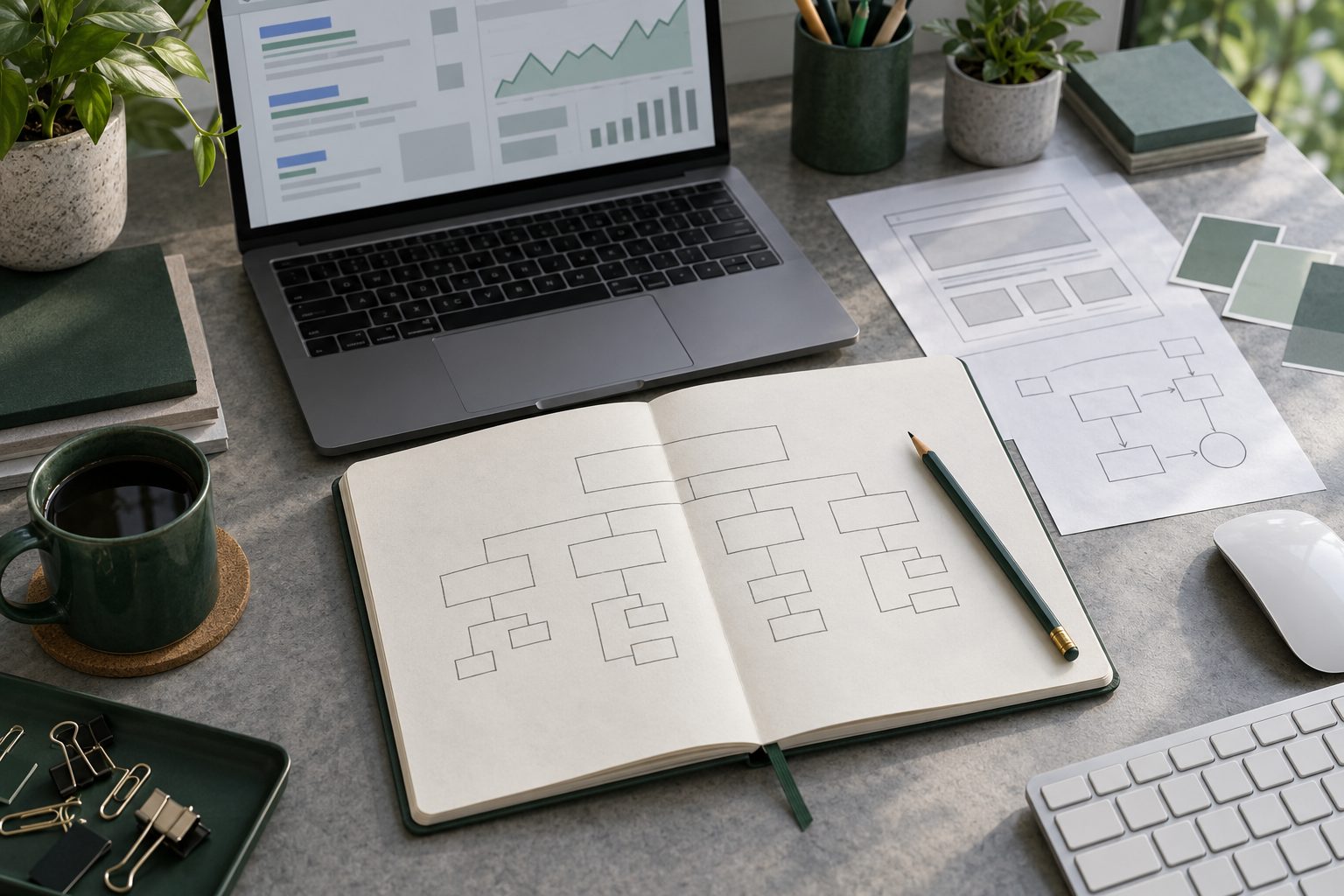 Carnet ouvert sur un bureau avec un plan d'article dessiné en arborescence à côté d'un ordinateur portable