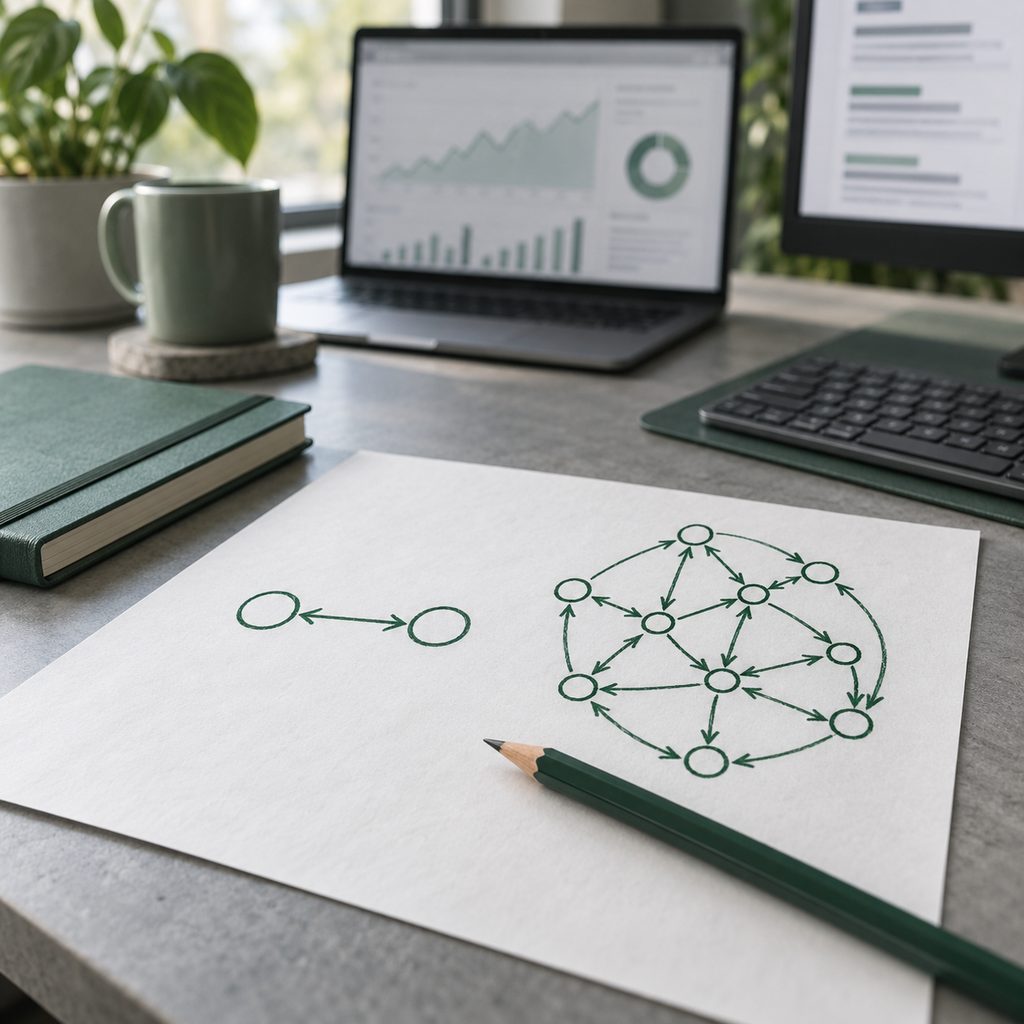 Croquis comparant deux sites reliés par un simple lien mutuel et un réseau dense de sites reliés en triangles