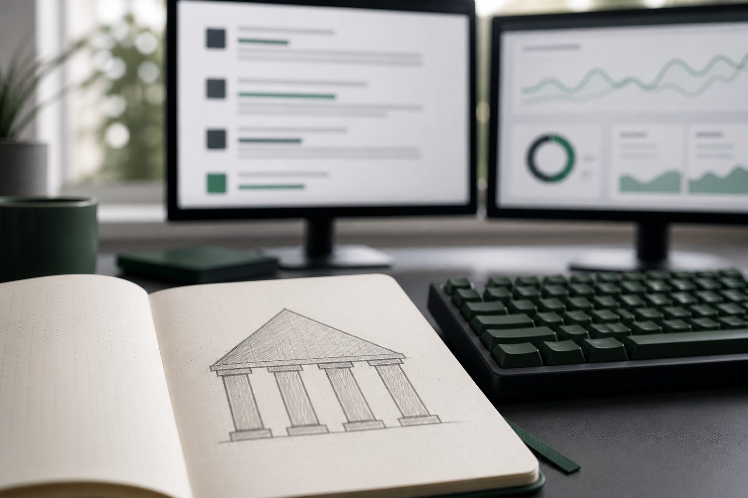 Bureau de consultant SEO avec un carnet ouvert sur un schéma à quatre blocs dessiné à la main, devant un écran de statistiques