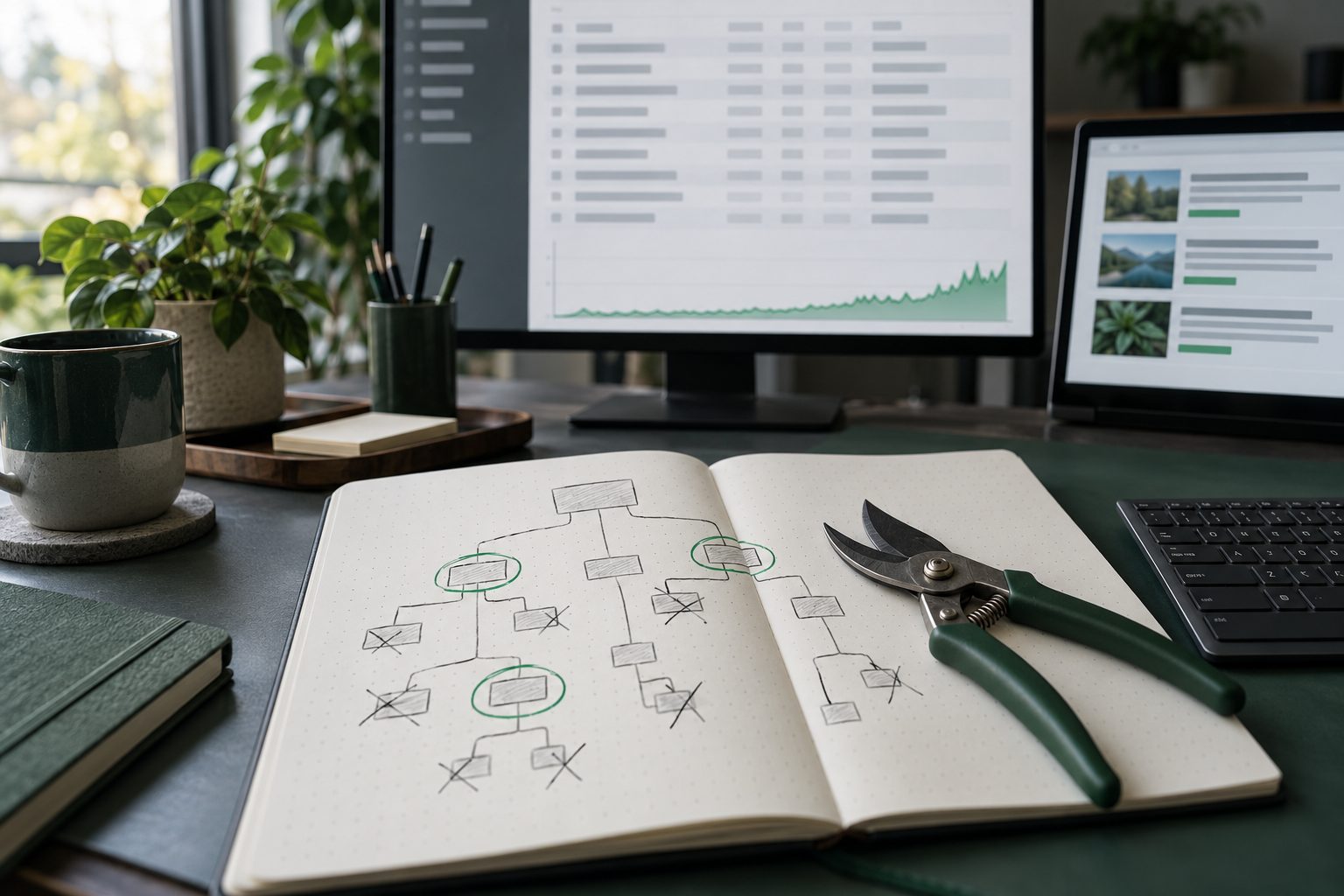 Sécateur posé sur un carnet où une arborescence de site est dessinée, devant un écran affichant des statistiques de trafic