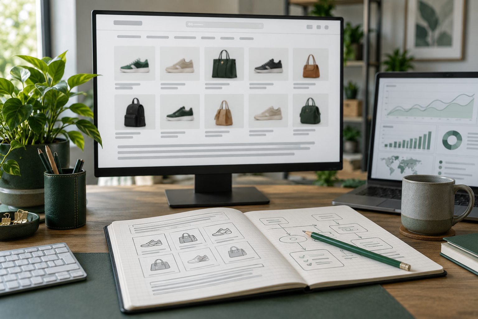 Écran d'ordinateur affichant une grille de produits de boutique en ligne à côté d'un carnet avec un croquis de mise en page