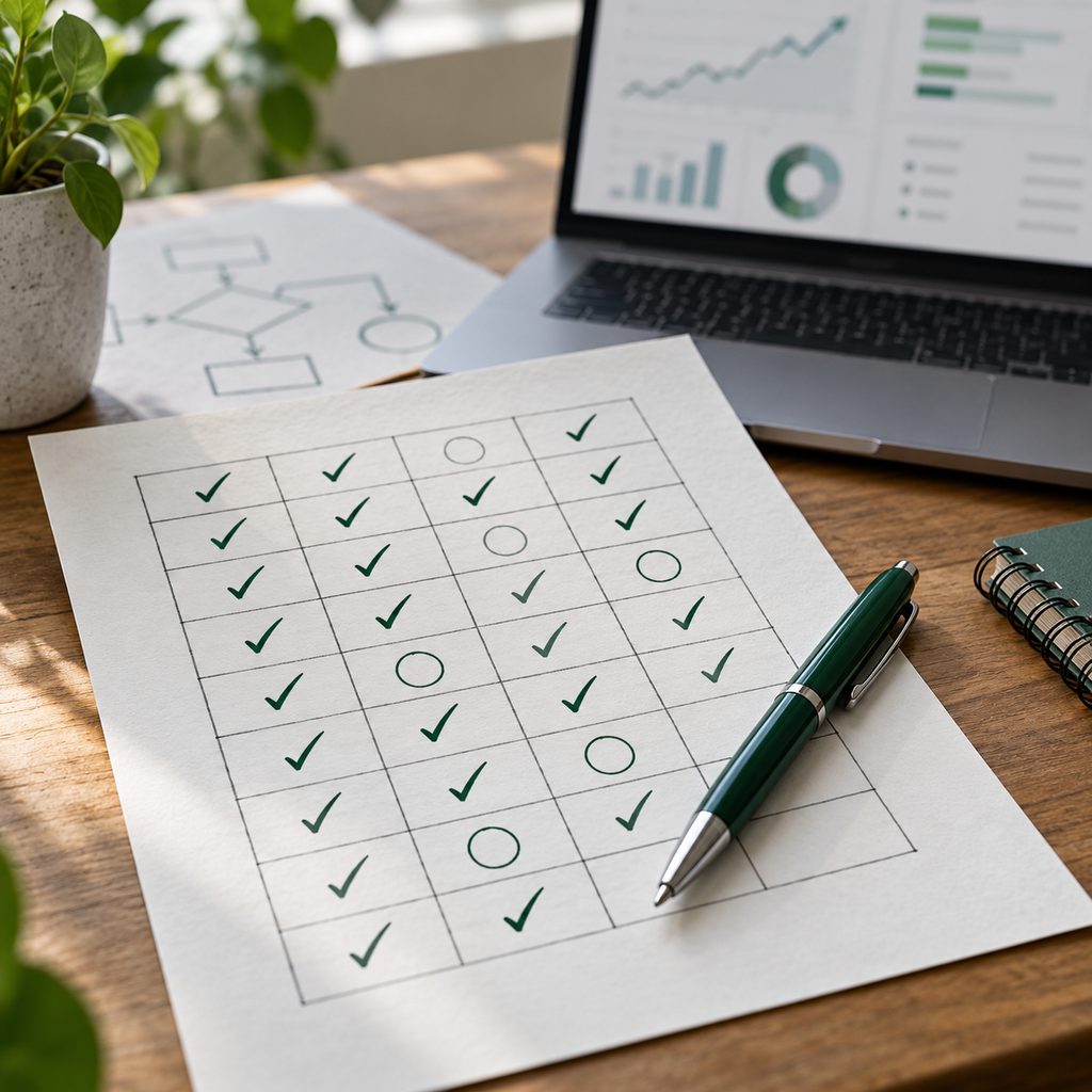 Grille de comparaison dessinée à la main : dix lignes pour les dix premiers résultats, des cases cochées en vert et quelques manques entourés