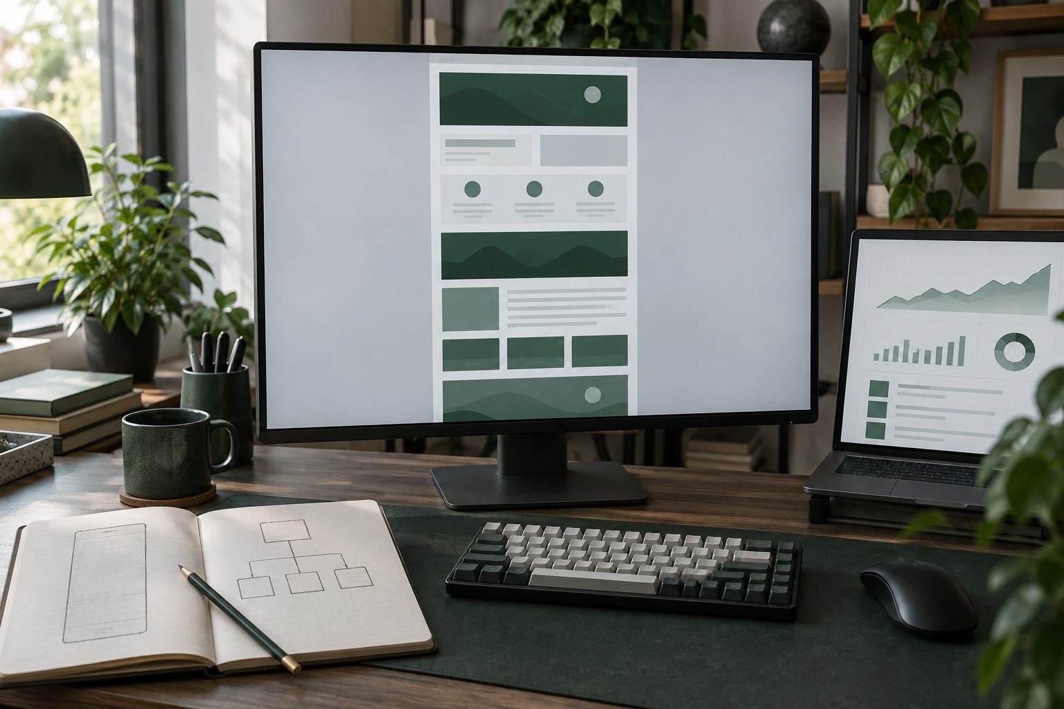 Écran affichant un site vitrine d'une seule page très longue, à côté d'un carnet avec un schéma d'arborescence