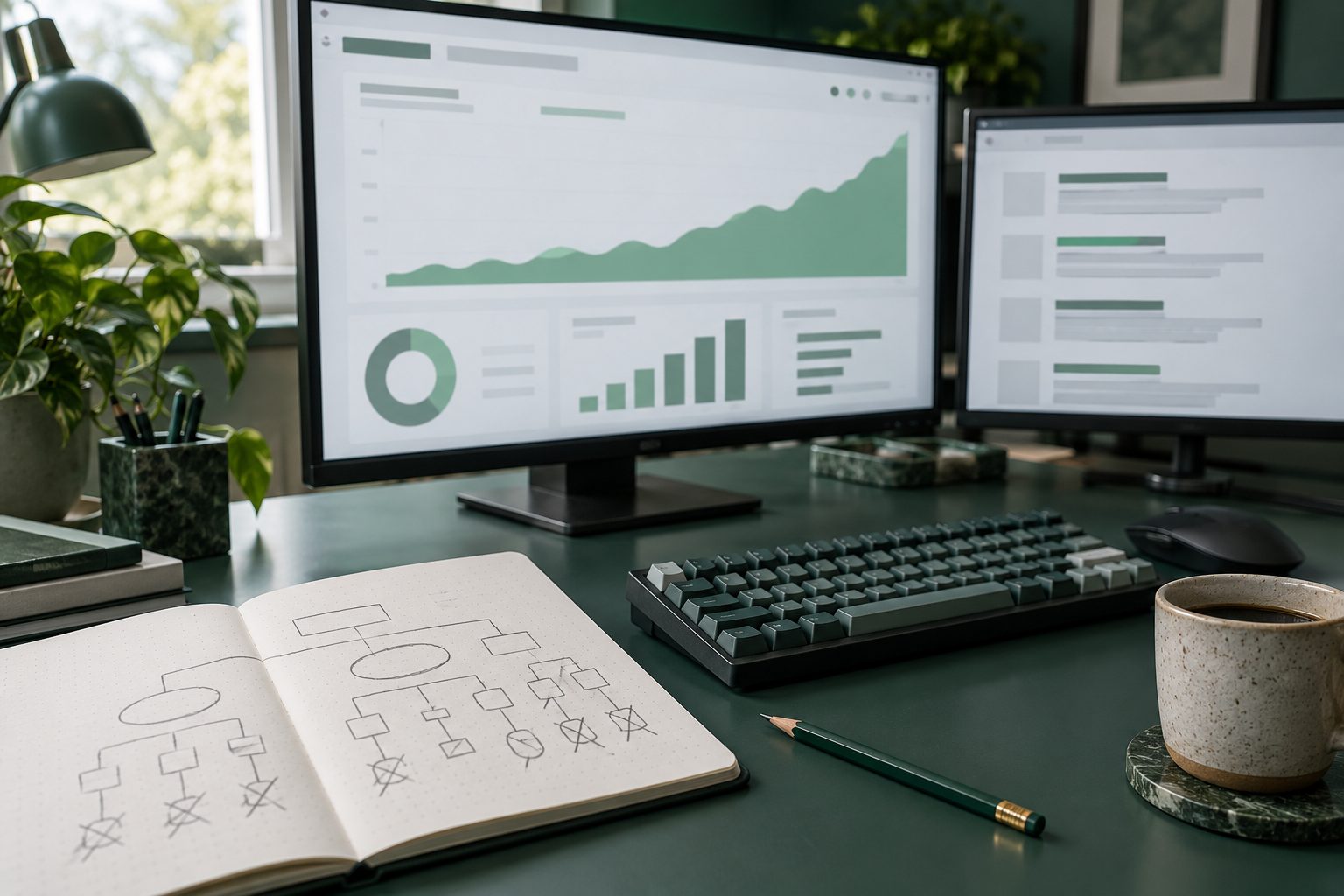 Écran affichant un graphique de pages indexées en forte hausse, à côté d'un carnet avec une arborescence de site dessinée à la main